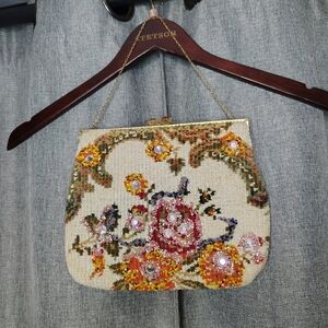 Vintage Delill Beaded Floral Evening Bag Kiss Lock Clutch Purse Gold Chain